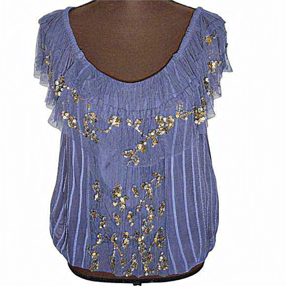 Free People Periwinkle Blue Ruffled Sequin Embellished Blouse
